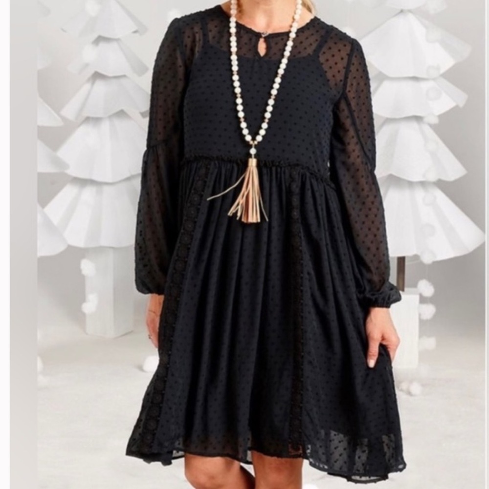 MATILDA JANE Charlie Swiss Dot Black Overlay Sheer Dress Size Medium